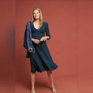Anthropologie Maeve Dress Womens XL Black Green Striped Flores Rib Fit Flare